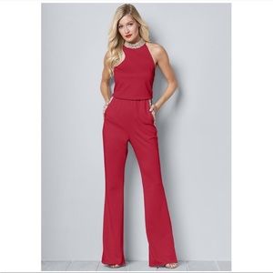 Venus Pearl Accented Halter Red Jumpsuit - Size 6